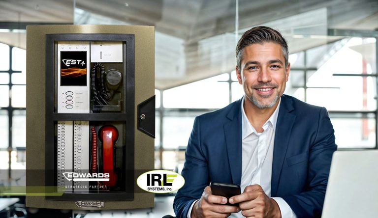 Man in business attire holding a smartphone beside an EST4 fire alarm control panel, featuring IRL Systems logo, emphasizing fire alarm installation and compliance services in NYC.